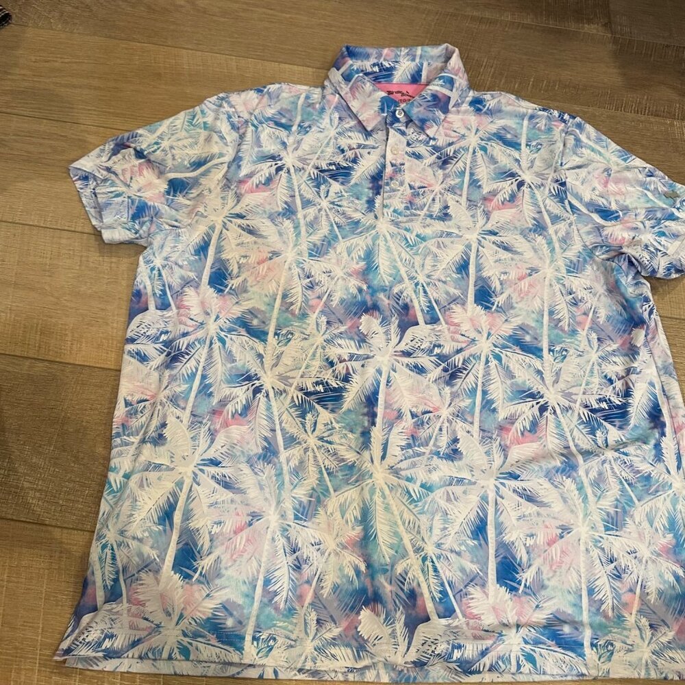Birdie Bound Mens Palm Tree Golf Shirt Polo Xl Pink Blue